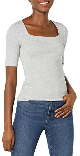 Amazon Essentials Women's Slim-Fit Half Sleeve Square Neck T-Shirt, Light Grey Heather, M