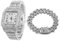 Halukakah Quadratisch Zifferblatt Diamant Golduhr Iced Out, Männer Platin Weißgold Plattiert Quarz Armband 24cm, mit Kubanische-Kette Armband 20cm, mit Geschenkbox
