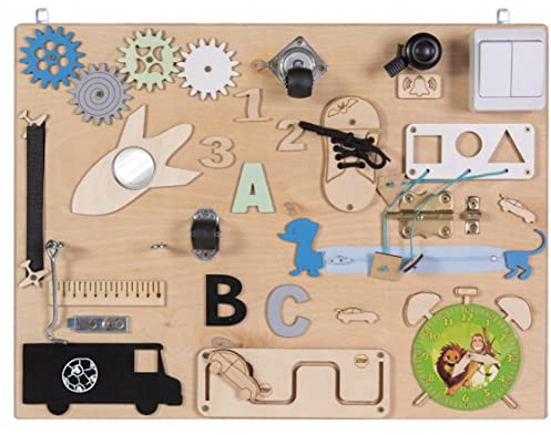 3toysm MIA Sensorische Aktivitätstafel Montessori Busy Board aus Naturholz, Transport, 50 cm