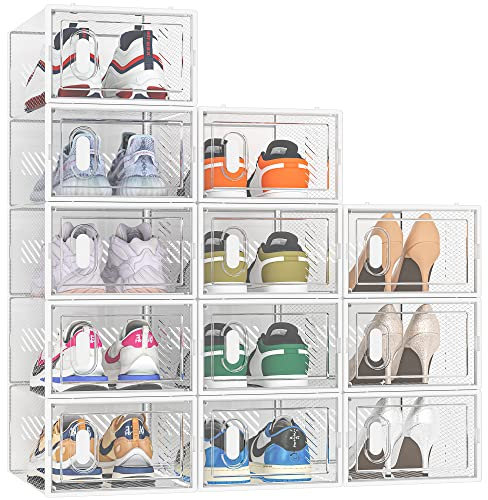 SIMPDIY Shoe Storage, 12 Pack Shoe Organizer for Closet, Shoe Boxes Clear Plastic Stackable Shoe Containers with Lids for Size 10