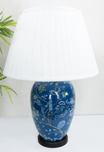 DOWNTON INTERIORS UK Large Blue Floral Oriental Ceramic Table Lamp G2106 | Overall Height 61cm, White Pleated Shade