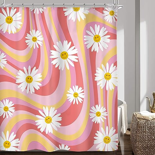 Riyidecor Rideau de douche smiley rose marguerite 152,4 x 182,9 cm, motif floral rétro, vintage, bohème, décoration moderne, accessoires de salle de bain en polyester imperméable, crochets