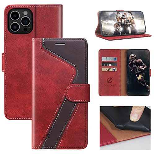 CIVICASE for iPhone 12 Pro Max Wallet Case,Premium Leather Flip Case [RFID Blocking] Credit Card Holder Folio Magnetic Stand TPU Shockproof Cover Color Matching for iPhone 12 Pro Max (6.7) Red&