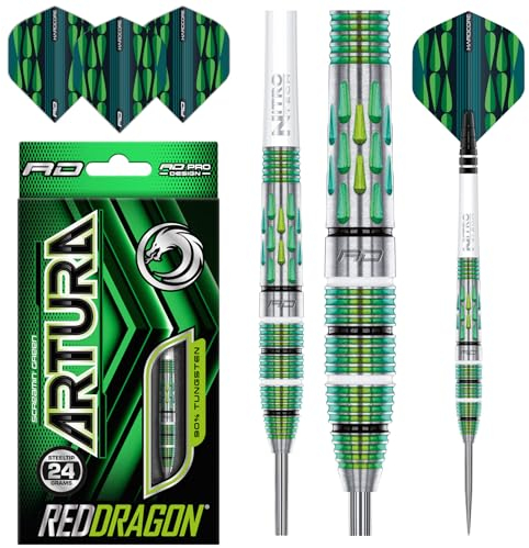 RED DRAGON Artura Screamin' Grün 24 Gramm Premium Tungsten Darts Set mit Flights und Stielen