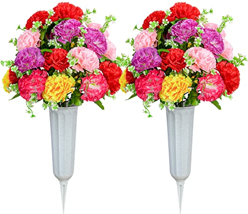 Lot de 2 fleurs de cimetière artificielles avec vase pour décoration de pierres tombales de cimetière