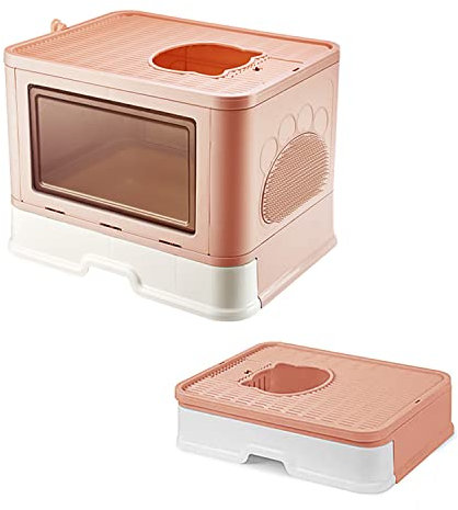 SHISHI Bac à Litière pour Chat Fermée, Grande Maison de Toilette Chat Pliable avec Couvercle, Tiroir à Litière avec Pelle et Brosse Massage, WC pour Chats, Jusqu'à 7 kg (Rose L 48,5×38×36,5 cm)