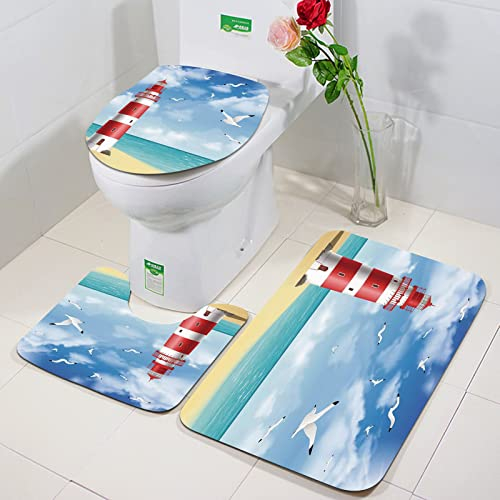 Rutschfeste Badematten 3 teiliges Set,Strand, Realistische Illustration Leuchtturm an ruhiger Küste Fliegende Möw,Hohe Wasseraufnahme, weiche Mikrofaser, WC-Vorleger, WC-Sockelmatte, maschinenwaschbar