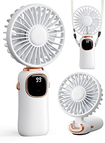 ColdSky Ventilador portátil 3 en 1 de mano, funciona con batería de 4000 mAh, pantalla digital, escritorio plegable de 90° con base, 5 velocidades para maquillaje/oficina (blanco)