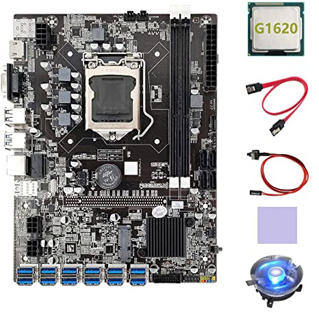 XIDIT Placa base B75 ETH Mining 12XUSB+G1620 CPU+ventilador de refrigeración+cable SATA+cable de interruptor+almohadilla térmica B75 BTC Mining placa base