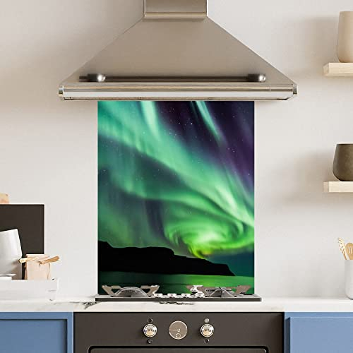 Premium 60 cm x 75 cm Northern Lights Glass 6mm Kitchen Splashback Heat Resistant Toughened Polished Edges - Back Splash Back Coloured Hob Painted Tempered Splashback