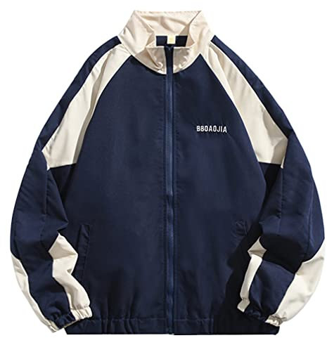 Minetom Damen Patchwork Farbblock Oversize Hip Hop Jacke Teenager Mädchen Mantel Sport Übergangsjacke Windbreaker College Jacke Sweatjacke B Blau S