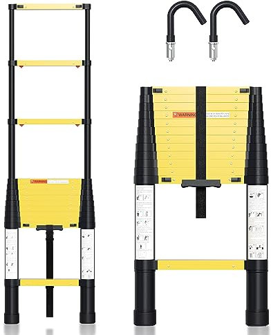 Cecaylie 3.8M Aluminium Teleskopleiter mit Softclose, Teleskop Rutschfester mit 2 Abnehmbarem Haken, EIN-Knopf-Rückzugs Teleskopleitern Max Belastung 150 kg (Schwarz)