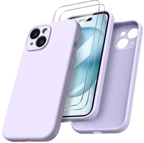 ORNARTO Cover per iPhone 15 Silicone 6.1 Pollici, con 2 Pellicola Vetro Temperato, Morbido Silicone Liquido Protezione, Antiurto Ultra-Sottile Protezione Custodia iPhone 15-Lilla Pastello
