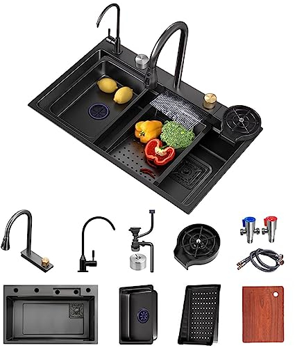 FIVIXIL Fregadero de cocina rainfall single groove fregadero de cocina con grifo de extracción, lavavajillas presurizado, tabla de cortar, cesta de drenaje, así como otros accesorios (75 * 45 * 21cm)