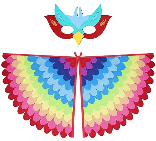 URAQT Costume d'ailes d'oiseau Cape pour enfant avec masque en feutre, masque et cape ailée en feutre pour les mascarades, les fêtes, les spectacles de personnage, Halloween(Arc-en-ciel)