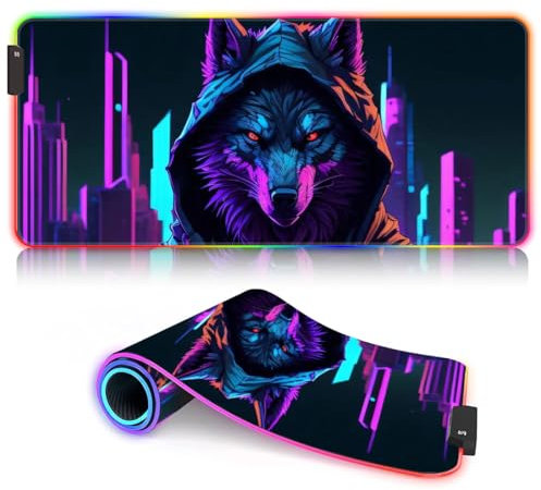 Magic Wolf Tapis Souris Jeu RGB Grand Tapis Souris LED Lumineux étendu avec 14 Modes d'éclairage et Tapis Souris USB Gamer pour Jeu Macbook PC Ordinateur Portable Bureau 40 x 90 cm