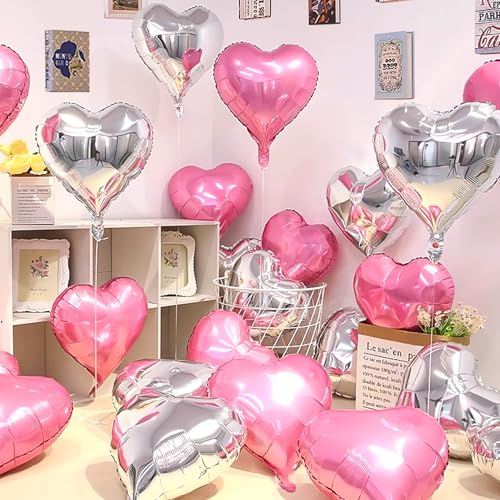 Jangostor 60 Palloncini in Foil a Forma di Cuore, 25cm Rosa & Argento, Mylar per San Valentino, Compleanno, Fidanzamento, Festa di Nozze