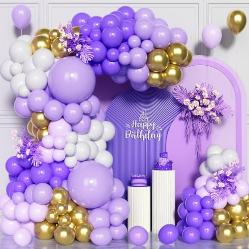 150Pcs Purple Balloon Arch Kit, Deep Purple White Metallic Gold Party Balloons Garland Kit for Birthday Bridal Baby Shower Congratulations Wedding Anniversary Party Decorations Supplies
