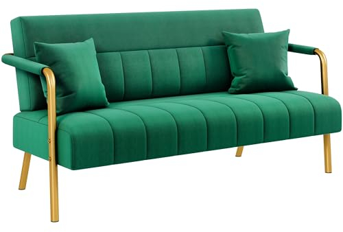 Yaheetech 2 Seater Modern Sofa Velvet Fabric Loveseat with Gold-tone Metal Arms and Legs for Bedroom, Home Office, Studio, Living Room Furniture Green