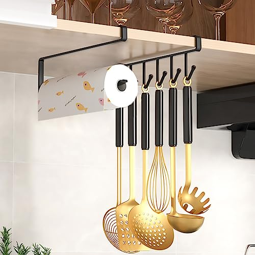KEINEUX 2 Pieces Cabinet Organizers, under Shelf Storage Paper Towel Holder Mug Hooks Kitchen Organization Accessories for Hanging Roll Paper towels Coffee Cups Cooking Utensils, Metal (Black)