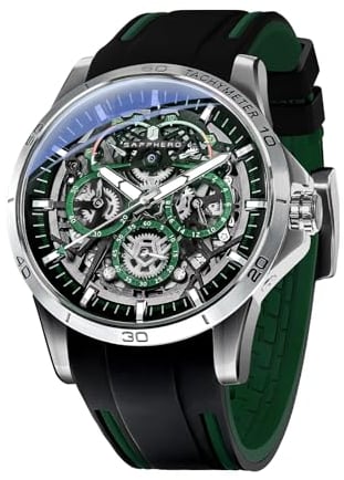 SAPPHERO Orologio da uomo, impermeabile, argento, in acciaio inox, analogico, luminoso, data, casual, regalo per uomini, Cinta Negra Silver Shell Verde, cinghia