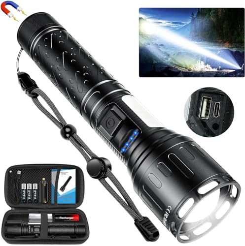 Karrong Magnetische Taschenlampe LED Aufladbar, COB Seitenlicht Rotlicht 8 Modi, Extrem Hell 20000 Lumen, Teleskop-Zoom, inkl. 5000 mAh Akku, Wasserdicht Taktische Outdoor Camping Taschenlampe