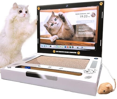 L&W BROS. Karton Katzenkratzer 3-in-1 Katze Laptop Spielzeug mit flauschiger Maus & Glocke Ball Wellpappe Katzenkratzpad für Katzen