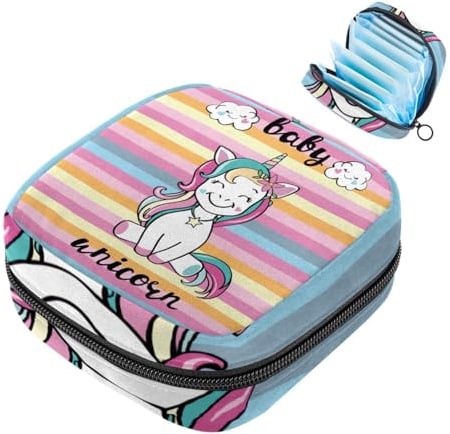 Aufbewahrungstasche für Damenbinden, niedliches Einhorn, tragbar, Menstruationseinlagen, Slipeinlagen, Tampons, Damenbinden, Aufbewahrungshalter für Damen, Schule, Büro