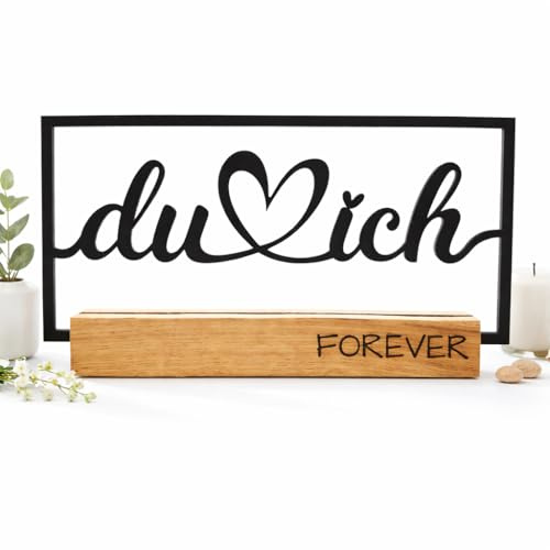 Traumwelten-Zimmermann Deko-Schriftzug „du ich – Forever“ aus Holzdekor mit Eichensockel | Moderne Tischdeko | Romantisches Wohnaccessoire | Geschenk für Paare, Hochzeit, Jahrestag, Valentinstag