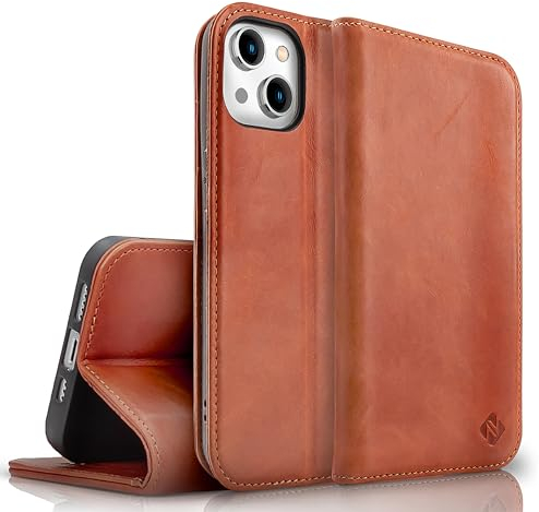 NALIA Echt-Leder Flipcase kompatibel mit iPhone 15 Hülle, Rindsleder Schutzhülle Handgefertigt Lederhülle mit RFID-Schutz, Standfunktion Kartenfächer Klappbar, Klapphülle, Farbe:Braun
