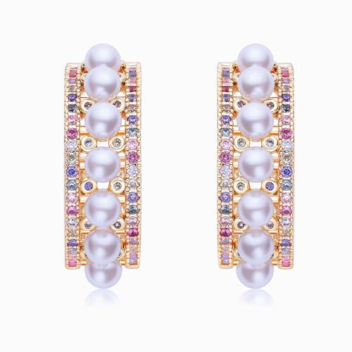 Multi-Farben Kristall oval Reifen Ohrringe für Frauen 925 Sterling Silber Post kleine Perle CZ Strass Reifen Ohrringe für Frauen (Rosegold)