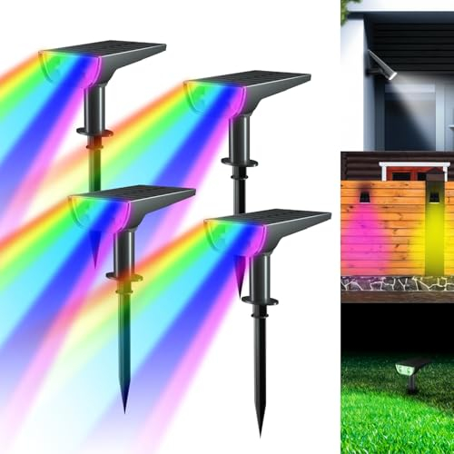 Aitesuo Bunt RGB Solarlampen für Außen, 4 Stück 10 LED Farbig Solar Strahler, IP65 Wasserdicht Gartenleuchten, 8 Modi, Solarleuchte für Garten Weg Terrasse Hof Garage Gehweg Deko