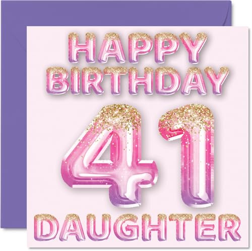 41st Birthday Card for Daughter, Pink & Purple Glitter Balloons | Happy Birthday Cards for 41 Year Old Daughter from Mum or Dad Parents, 145mm Bday Greeting Cards Gift