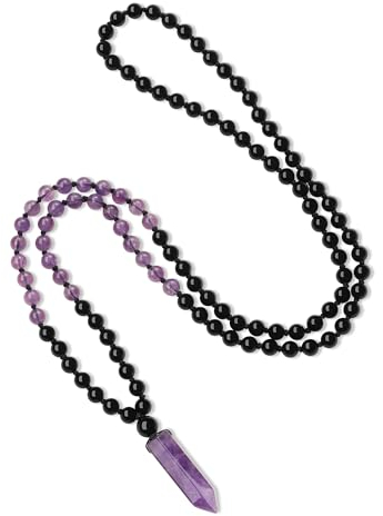 COAI Damen 108 Mala Yoga Kette Buddhistische Halskette Gebetskette aus Onyx und Amethyst mit Amethyst Anhänger