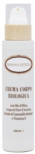 Crema corpo biologica con olio di oliva, acqua di fiori di arancio, estratto di camomilla bio e vitamina E, idratante, nutriente, naturale al 96,50%, 250 ml