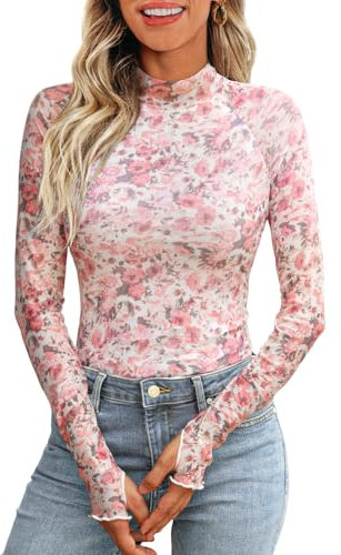 Dealmore Lace Long Sleeve Floral Mesh Mockneck Going Out Tops for Women Fashion Fall Outfits 2024, Floral Cream, X-L