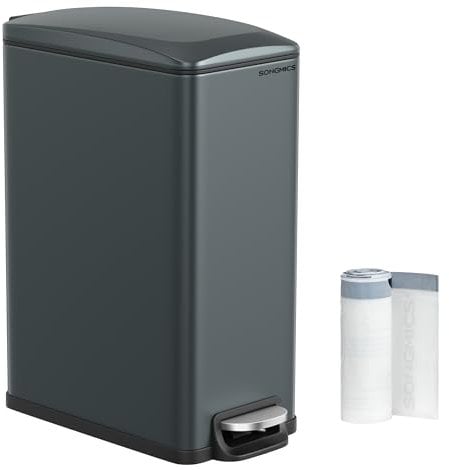 SONGMICS Poubelle de Cuisine 48L, Poubelle à Pédale, Fine, pour Petits Espaces, Couvercle à Fermeture en Douceur, avec Seau Intérieur, en Acier, 15 Sacs Poubelle Inclus, Gris Anthracite LTB510G02