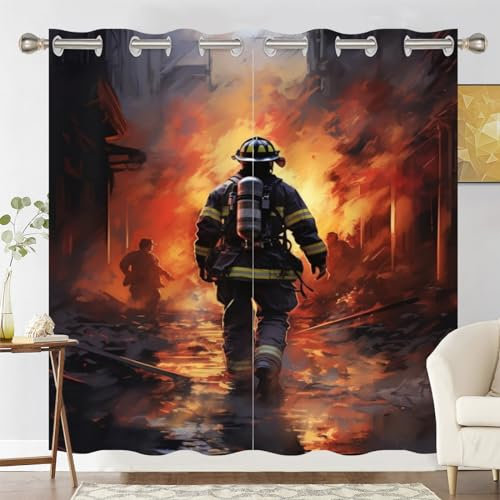 3D Feuerwehrmann Print Fenstervorhang Für Schlafzimmer Wohnzimmer Feuerwehrmann Gedruckt Vorhänge Blickdichte Vorhänge Dekord Feuerwehr Held Blickdicht Vorhang (Vorhang2,140(L) x 250(B) cm)