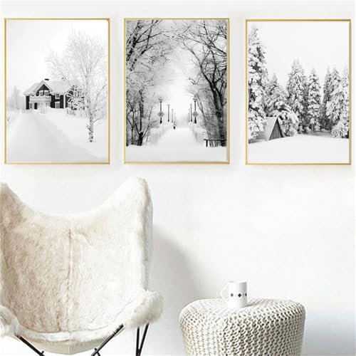 champracer 3er Poster Set, Moderne Winter Schnee Bilder, Winter Weiße Kiefer Holzhaus Wandkunst Wandbilder Wohnzimmer Bilder, Moderne Leinwandbilder Wandposter, Ohne Rahmen (21x30 cm,A)