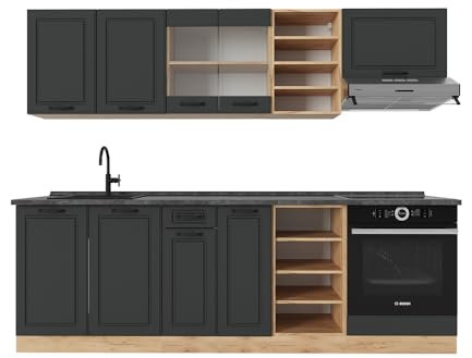 Vicco Küchenzeile R-Line, Anthrazit Landhaus/Goldkraft Eiche, 240 cm, AP Anthrazit