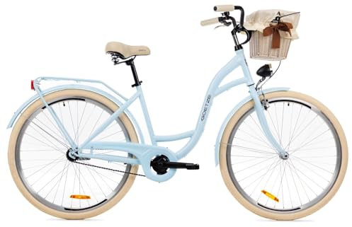Goetze Style 28 Zoll Damen Citybike, 18 Zoll Tiefeinsteiger Stahlrahmen, 1-Gang Rücktrittbremse, V-Bremse vorne, LED-Beleuchtung, Rattankorb, Komfortsattel, mit Seitenständer & Klingel