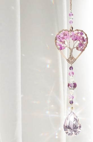 Tree of Life Amethyst Sun Catchers – Natural Chakra Healing Crystal Window Decor, Spiritual Gift for Women & Girls, Rainbow Maker with Quartz Gemstone Pendant, Unique Home & Garden Ornamen