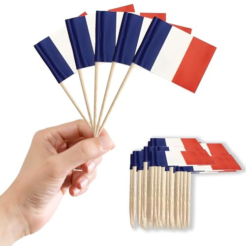 100 Stück Frankreich Zahnstocher Flaggen Cocktail Stick Flaggen,Französische Deko Fahne Mini Cupcake Topper Kleine Zahnstocher Frankreich Fähnchen für Torten Damen Fußball EM Eurovision WM Party Dekor