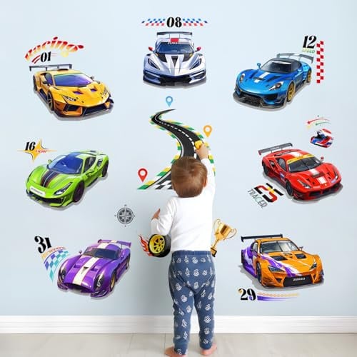 Tanlaby Wandtattoo Auto Rennwagen Rennstrecke Rennauto 7 Stück | für Kinderzimmer Jungen Babyzimmer Wohnzimmer Schlafzimmer Jugendzimmer