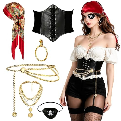 Yuwnd Piratenkostüm Damen Set in Rot, Karneval Kostüm Damen mit Detailreichem Zubehör: Piraten-Kopftuch, Augenklappe, Ohrringe, Goldener Halskette, Taillenkette & Schwarzer Korsettschnürung