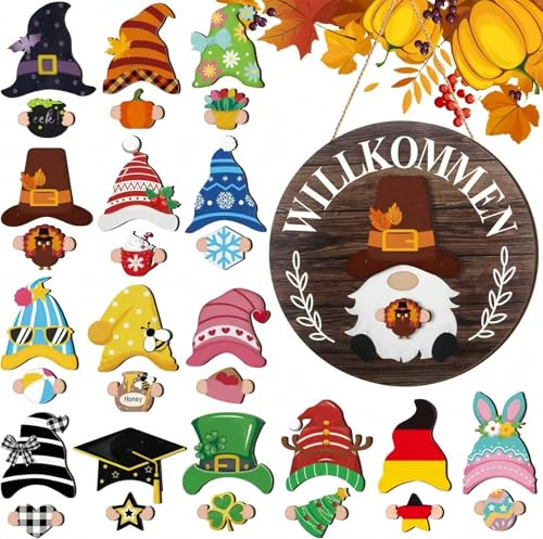 Liocwocne Austauschbares Holz-Willkommensschild mit Wichtel, Wichtel Austauschbares Willkommensschild Haustür mit 30 Stück Magnetstücken & Abnehmbaren Hüten, Türdeko Weihnachten für Veranda(A-1)