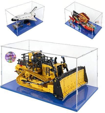 Acryl Vitrine 60x40x30 für Lego Space Shuttle 10283,Ninjago 71797,42131 | für 42131 Cat D11t Bulldozer,Transparent Acryl,Einfach Installieren,Staubschutz,Blaue Basis