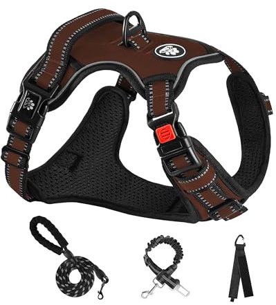NESTROAD Hundegeschirr Mittelgroße Hunde, Braun | Gepolstertes Anti-Zug Geschirr mit Reflexstreifen | Halsumfang 33–43 cm, Brustumfang 43–64 cm