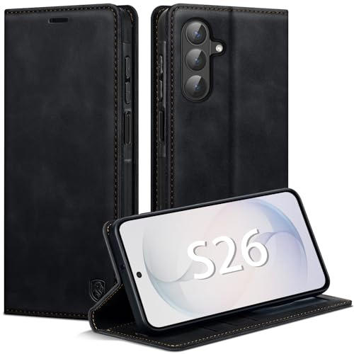 AIMOYU Handyhülle für Samsung Galaxy S26 Hülle, Premium Lederhülle Flip Case für Samsung S26 Hülle Magnet Tascher Kartenfach Standfunktion Schutzhülle für Galaxy S26 Klapphülle, Schwarz