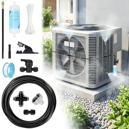 Lettry Kit de refrigeración evaporativa de aire acondicionado, sistema de nebulización de condensador de CA con filtro de agua y cortador de tuberías, sistema de refrigeración para condensadores